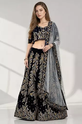 NAVY BLUE ZARI EMBROIDERED VELVET FESTIVAL LEHENGA CHOLI SET