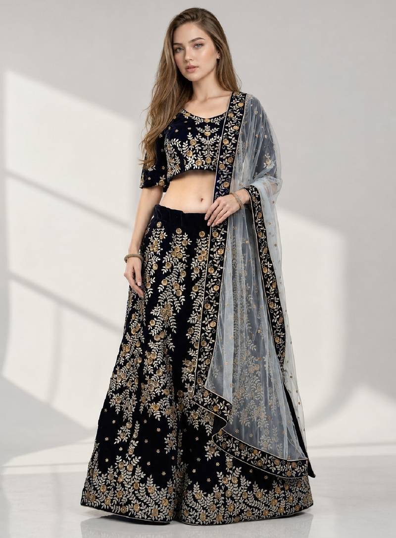 NAVY BLUE ZARI EMBROIDERED VELVET FESTIVAL LEHENGA CHOLI SET