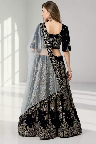 NAVY BLUE ZARI EMBROIDERED VELVET FESTIVAL LEHENGA CHOLI SET