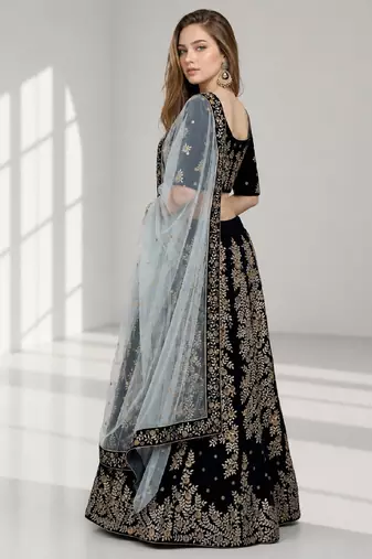 NAVY BLUE ZARI EMBROIDERED VELVET FESTIVAL LEHENGA CHOLI SET