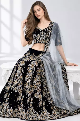 NAVY BLUE ZARI EMBROIDERED VELVET FESTIVAL LEHENGA CHOLI SET