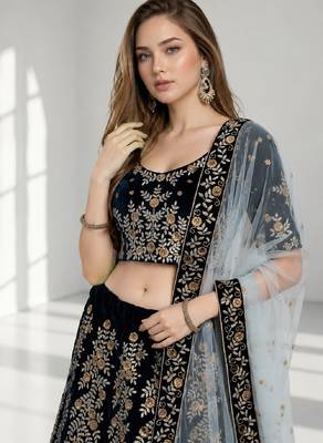NAVY BLUE ZARI EMBROIDERED VELVET FESTIVAL LEHENGA CHOLI SET 5