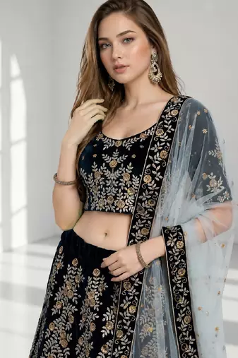 NAVY BLUE ZARI EMBROIDERED VELVET FESTIVAL LEHENGA CHOLI SET