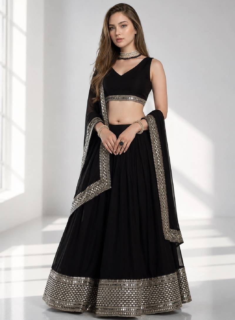 BLACK SEQUINS WORK GEORGETTE FESTIVAL LEHENGA CHOLI SET