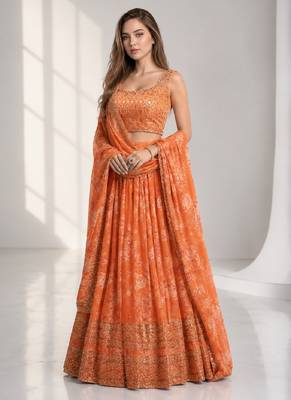 ORANGE SEQUINS & EMBROIDERY ORGANZA FESTIVAL LEHENGA CHOLI SET 1