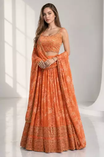 ORANGE SEQUINS & EMBROIDERY ORGANZA FESTIVAL LEHENGA CHOLI SET
