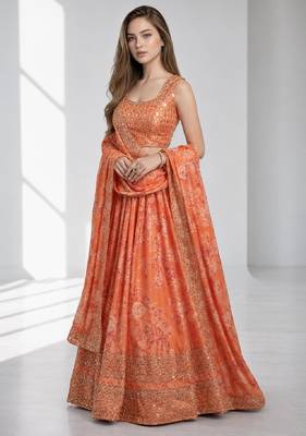 ORANGE SEQUINS & EMBROIDERY ORGANZA FESTIVAL LEHENGA CHOLI SET 3