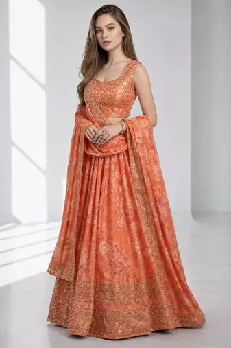 ORANGE SEQUINS & EMBROIDERY ORGANZA FESTIVAL LEHENGA CHOLI SET
