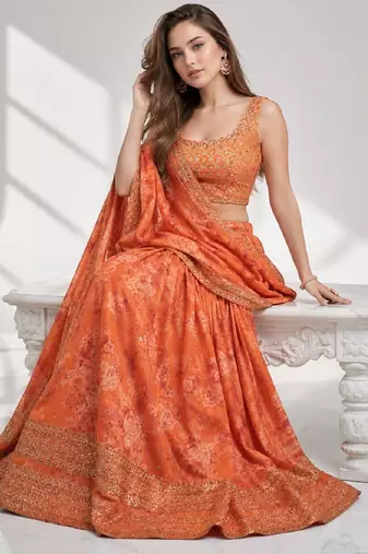 ORANGE SEQUINS & EMBROIDERY ORGANZA FESTIVAL LEHENGA CHOLI SET