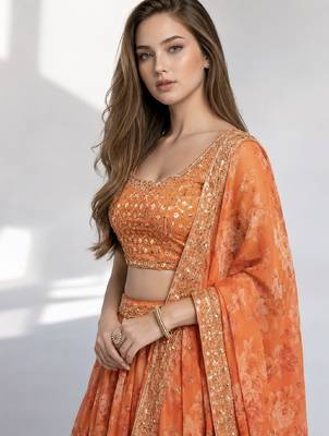 ORANGE SEQUINS & EMBROIDERY ORGANZA FESTIVAL LEHENGA CHOLI SET 5
