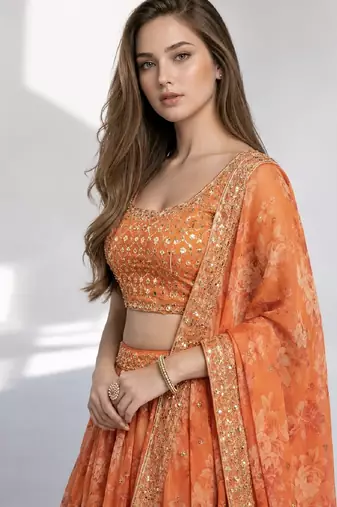 ORANGE SEQUINS & EMBROIDERY ORGANZA FESTIVAL LEHENGA CHOLI SET