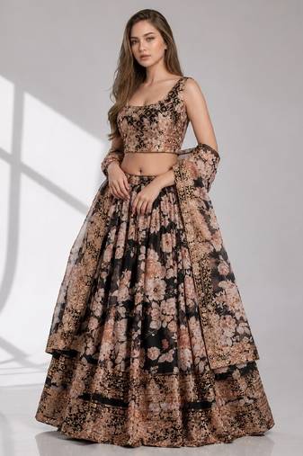BLACK SEQUINS & EMBROIDERY ORGANZA FESTIVAL LEHENGA CHOLI SET