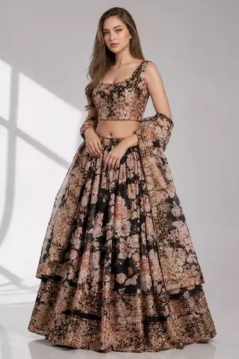 BLACK SEQUINS & EMBROIDERY ORGANZA FESTIVAL LEHENGA CHOLI SET