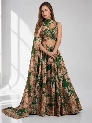 GREEN SEQUINS & EMBROIDERY ORGANZA FESTIVAL LEHENGA CHOLI SET 1