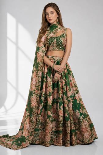 GREEN SEQUINS & EMBROIDERY ORGANZA FESTIVAL LEHENGA CHOLI SET