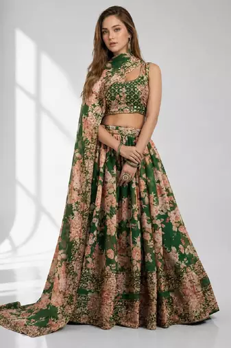 GREEN SEQUINS & EMBROIDERY ORGANZA FESTIVAL LEHENGA CHOLI SET