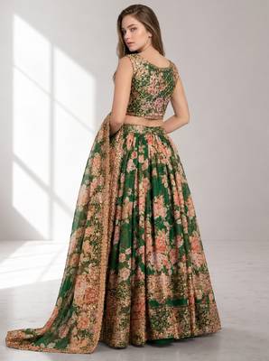 GREEN SEQUINS & EMBROIDERY ORGANZA FESTIVAL LEHENGA CHOLI SET 2