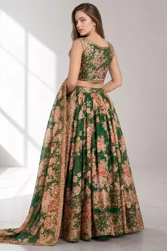 GREEN SEQUINS & EMBROIDERY ORGANZA FESTIVAL LEHENGA CHOLI SET