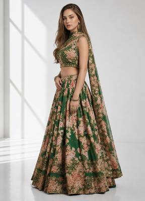 GREEN SEQUINS & EMBROIDERY ORGANZA FESTIVAL LEHENGA CHOLI SET 3