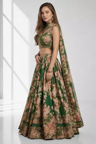 GREEN SEQUINS & EMBROIDERY ORGANZA FESTIVAL LEHENGA CHOLI SET
