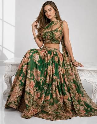 GREEN SEQUINS & EMBROIDERY ORGANZA FESTIVAL LEHENGA CHOLI SET 4