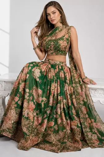 GREEN SEQUINS & EMBROIDERY ORGANZA FESTIVAL LEHENGA CHOLI SET