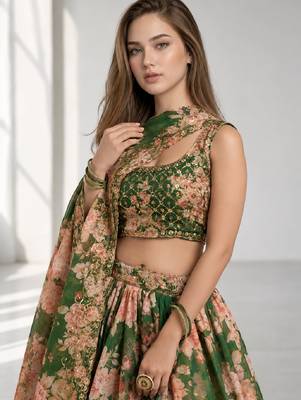 GREEN SEQUINS & EMBROIDERY ORGANZA FESTIVAL LEHENGA CHOLI SET 5