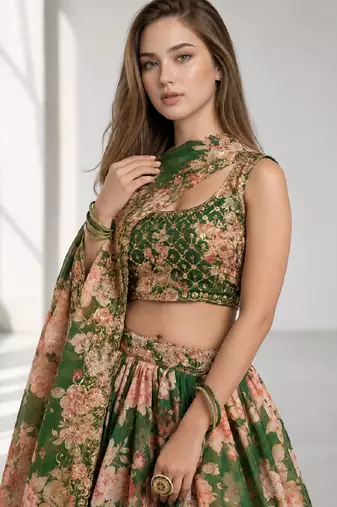 GREEN SEQUINS & EMBROIDERY ORGANZA FESTIVAL LEHENGA CHOLI SET
