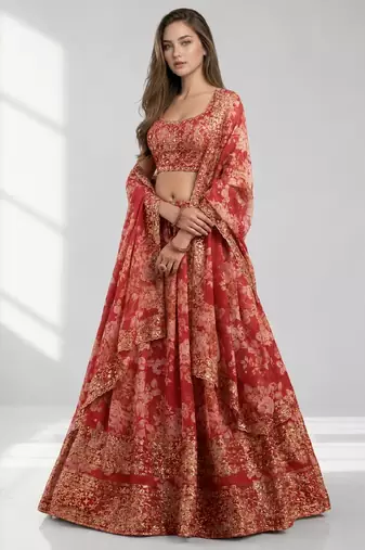 RED SEQUINS & EMBROIDERY ORGANZA FESTIVAL LEHENGA CHOLI SET