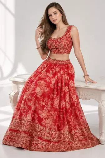 RED SEQUINS & EMBROIDERY ORGANZA FESTIVAL LEHENGA CHOLI SET