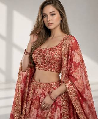 RED SEQUINS & EMBROIDERY ORGANZA FESTIVAL LEHENGA CHOLI SET 5