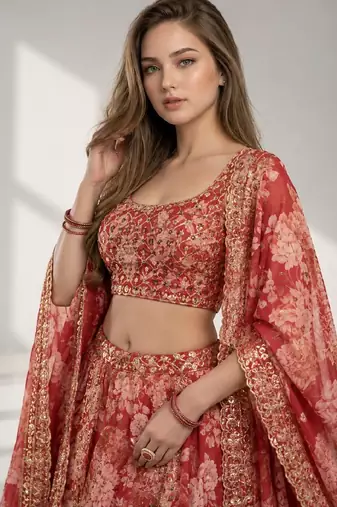 RED SEQUINS & EMBROIDERY ORGANZA FESTIVAL LEHENGA CHOLI SET