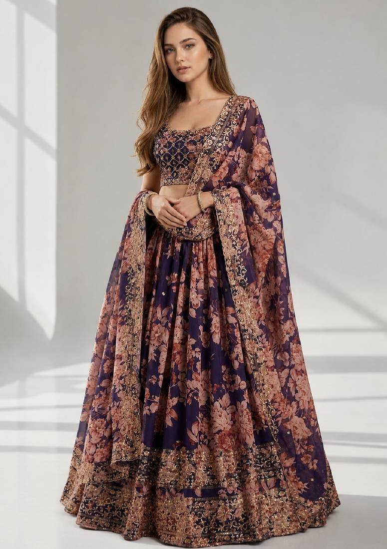 PURPLE SEQUINS & EMBROIDERY ORGANZA FESTIVAL LEHENGA CHOLI SET