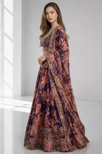 PURPLE SEQUINS & EMBROIDERY ORGANZA FESTIVAL LEHENGA CHOLI SET