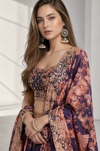 PURPLE SEQUINS & EMBROIDERY ORGANZA FESTIVAL LEHENGA CHOLI SET