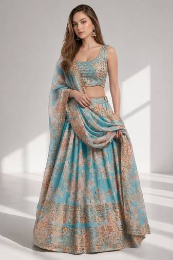 SKY BLUE SEQUINS & EMBROIDERY ORGANZA FESTIVAL LEHENGA CHOLI SET