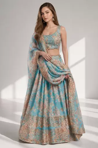 SKY BLUE SEQUINS & EMBROIDERY ORGANZA FESTIVAL LEHENGA CHOLI SET