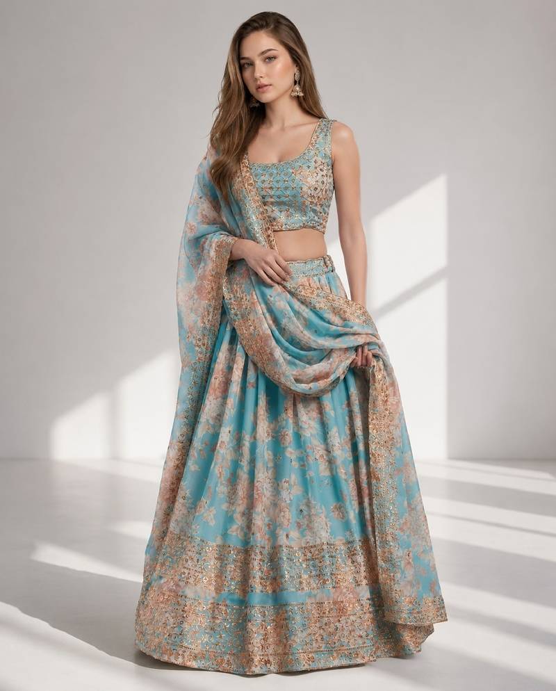 SKY BLUE SEQUINS & EMBROIDERY ORGANZA FESTIVAL LEHENGA CHOLI SET