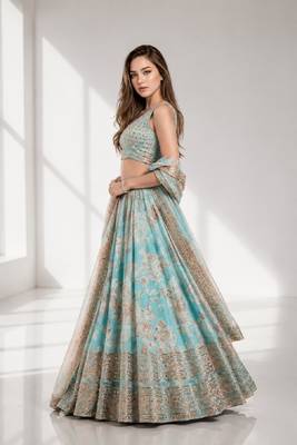 SKY BLUE SEQUINS & EMBROIDERY ORGANZA FESTIVAL LEHENGA CHOLI SET 3