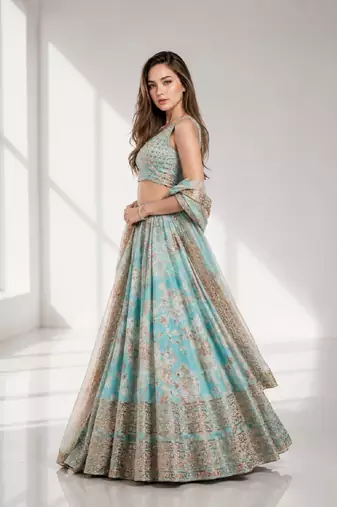 SKY BLUE SEQUINS & EMBROIDERY ORGANZA FESTIVAL LEHENGA CHOLI SET