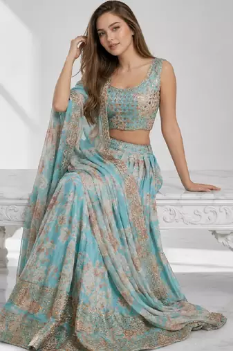 SKY BLUE SEQUINS & EMBROIDERY ORGANZA FESTIVAL LEHENGA CHOLI SET