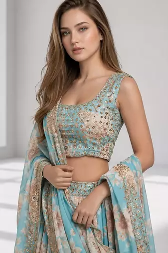 SKY BLUE SEQUINS & EMBROIDERY ORGANZA FESTIVAL LEHENGA CHOLI SET