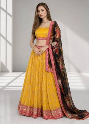 YELLOW BLACK THREAD EMBROIDERED GEORGETTE FESTIVAL LEHENGA CHOLI SET 1