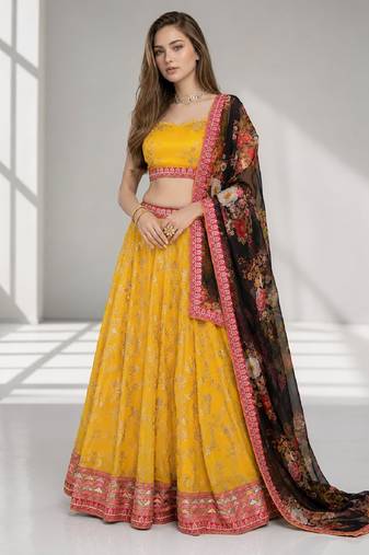 YELLOW BLACK THREAD EMBROIDERED GEORGETTE FESTIVAL LEHENGA CHOLI SET