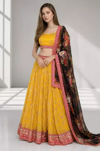 YELLOW BLACK THREAD EMBROIDERED GEORGETTE FESTIVAL LEHENGA CHOLI SET