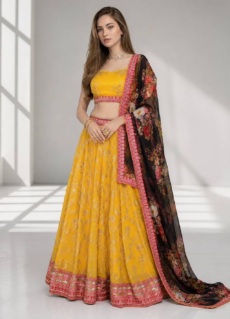 YELLOW BLACK THREAD EMBROIDERED GEORGETTE FESTIVAL LEHENGA CHOLI SET