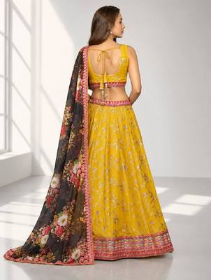 YELLOW BLACK THREAD EMBROIDERED GEORGETTE FESTIVAL LEHENGA CHOLI SET 2