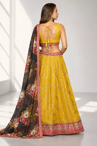 YELLOW BLACK THREAD EMBROIDERED GEORGETTE FESTIVAL LEHENGA CHOLI SET