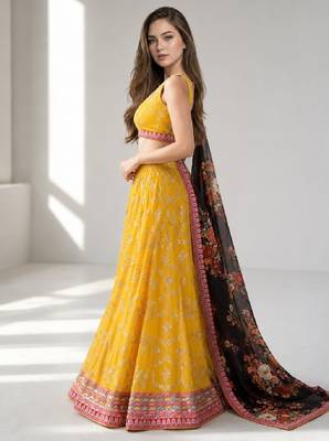 YELLOW BLACK THREAD EMBROIDERED GEORGETTE FESTIVAL LEHENGA CHOLI SET 3