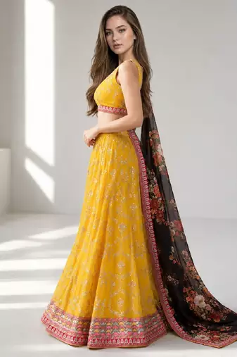 YELLOW BLACK THREAD EMBROIDERED GEORGETTE FESTIVAL LEHENGA CHOLI SET
